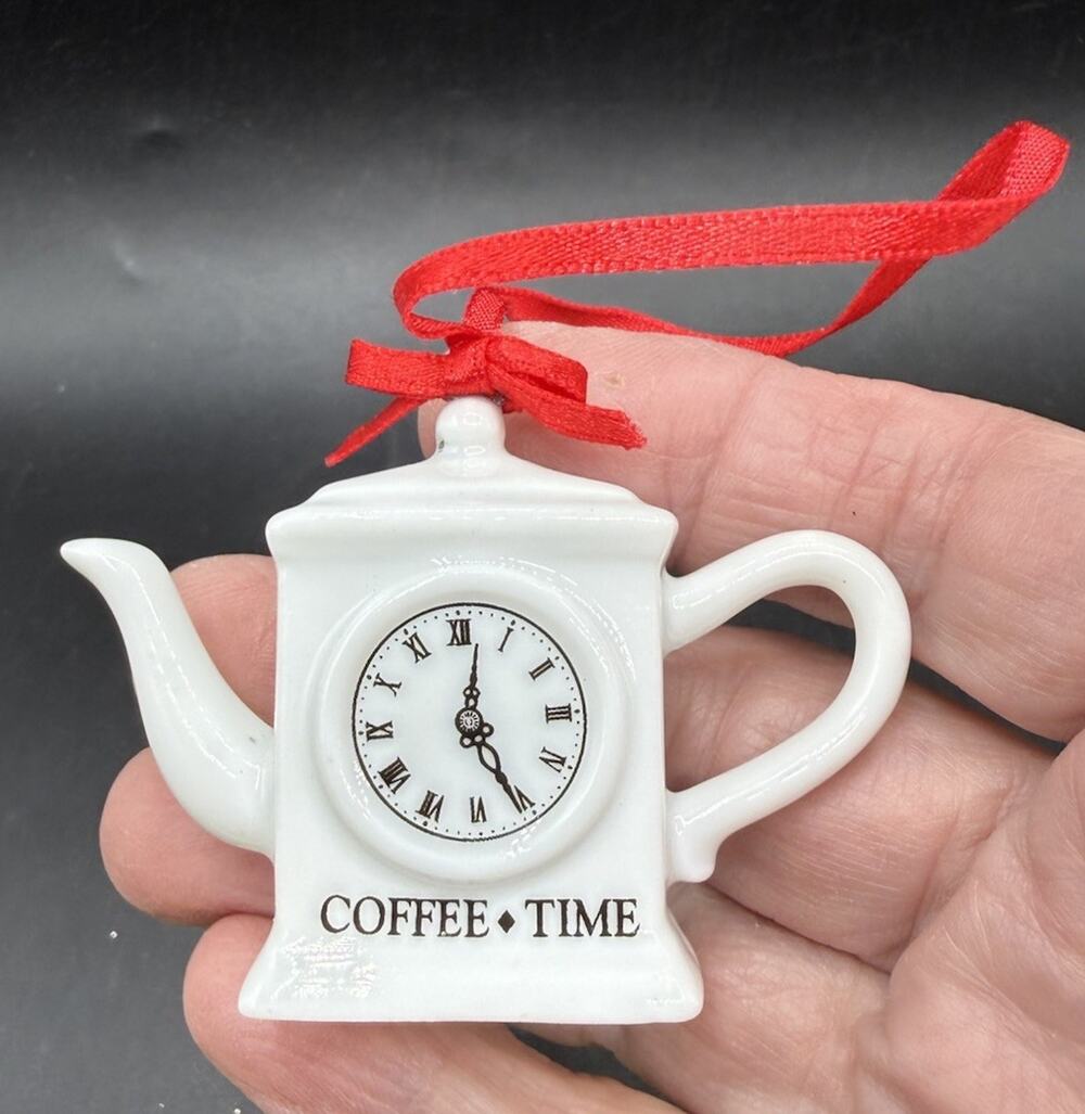 Mini Teapot Clock Christmas Ornament Tea Time Porcelain Milk Glass -LO31